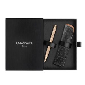Луксозен комплект Caran d'Ache Ecridor Damier Rose Gold, химикалка и кожен калъф