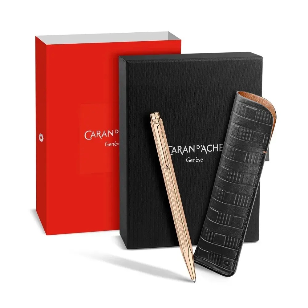 Луксозен комплект Caran d'Ache Ecridor Damier Rose Gold, химикалка и кожен калъф - Image 5