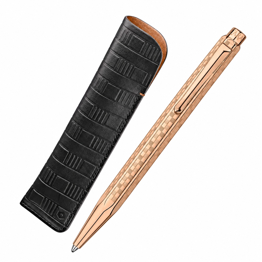 Луксозен комплект Caran d'Ache Ecridor Damier Rose Gold, химикалка и кожен калъф